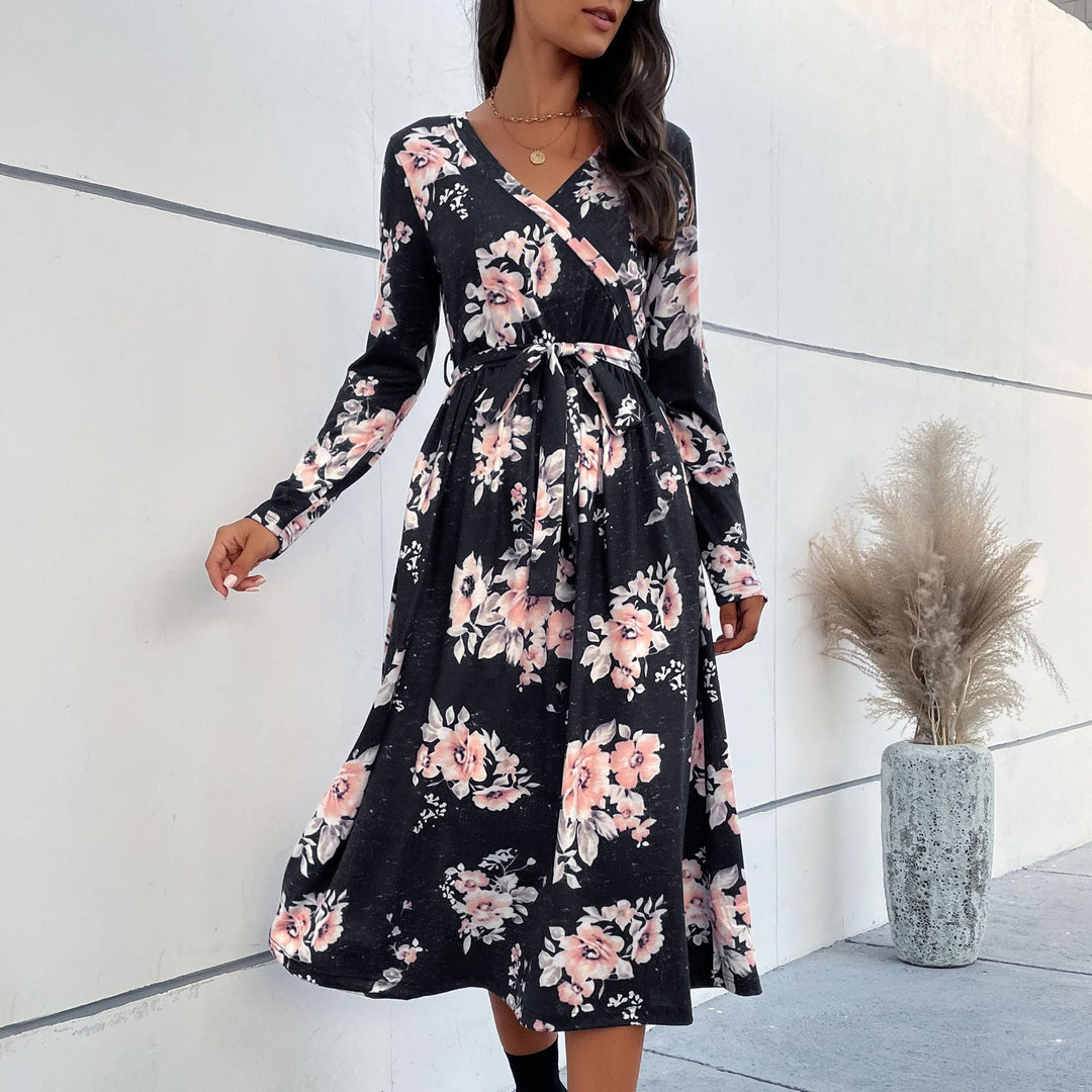 Damen Florales Wickel-Midikleid mit V-Ausschnitt, Taillengürtel und ausgestelltem Rock Nord Taschen