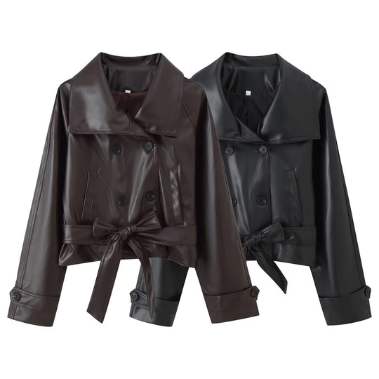 Damen 100+ Cropped Kunstleder-Trenchblouson mit doppelreihiger Knopfleiste und Taillengürtel Nord Taschen