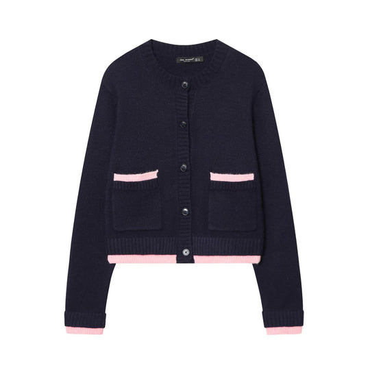Damen Kurzer Boxy-Strickcardigan mit aufgesetzten Taschen und kontrastierenden Bündchen Nord Taschen