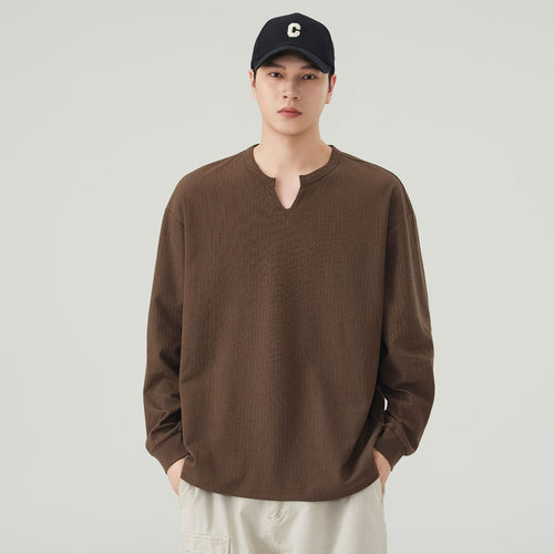 Herren Lockeres Langarmshirt mit V-Notch-Kragen und strukturierter Baumwollmischung Nord Taschen