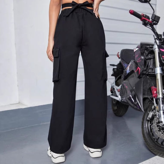 Damen utilitaristische Cargo-Hose mit V-förmigem Bund, weitem Bein und Cargotaschen Nord Taschen