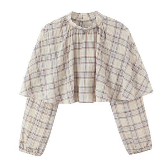 Damen Cropped Blusenoberteil mit Cape-Überwurf und Stehkragen Nord Taschen
