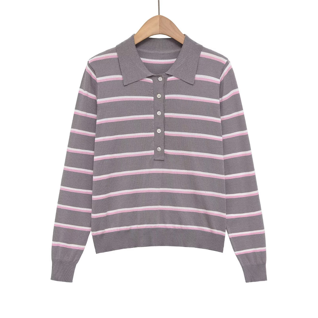 Damen Gestreifter Feinstrick-Polo-Pullover mit Knopfleiste und Rippbündchen Nord Taschen