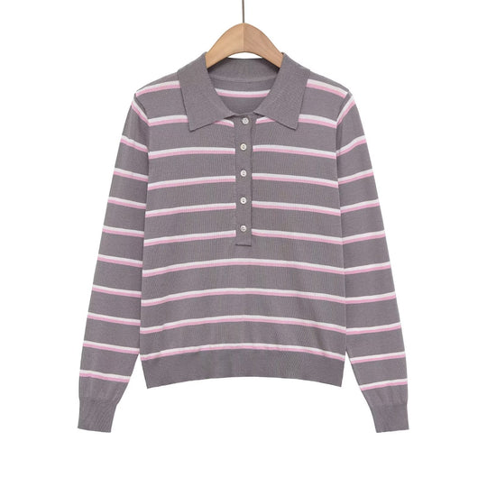 Damen Gestreifter Feinstrick-Polo-Pullover mit Knopfleiste und Rippbündchen Nord Taschen