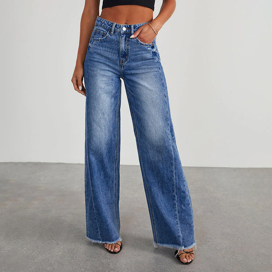Damen High-Waist Schlagjeans mit weitem Bein und ausgefranstem Saum Nord Taschen