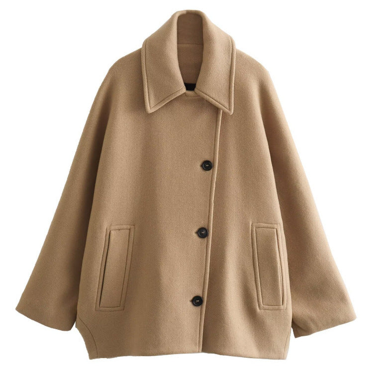 Damen Oversized Wollmix Boxy-Kurzmantel mit Reverskragen und Eingrifftaschen Nord Taschen