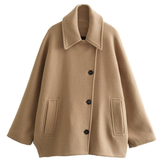 Damen Oversized Wollmix Boxy-Kurzmantel mit Reverskragen und Eingrifftaschen Nord Taschen