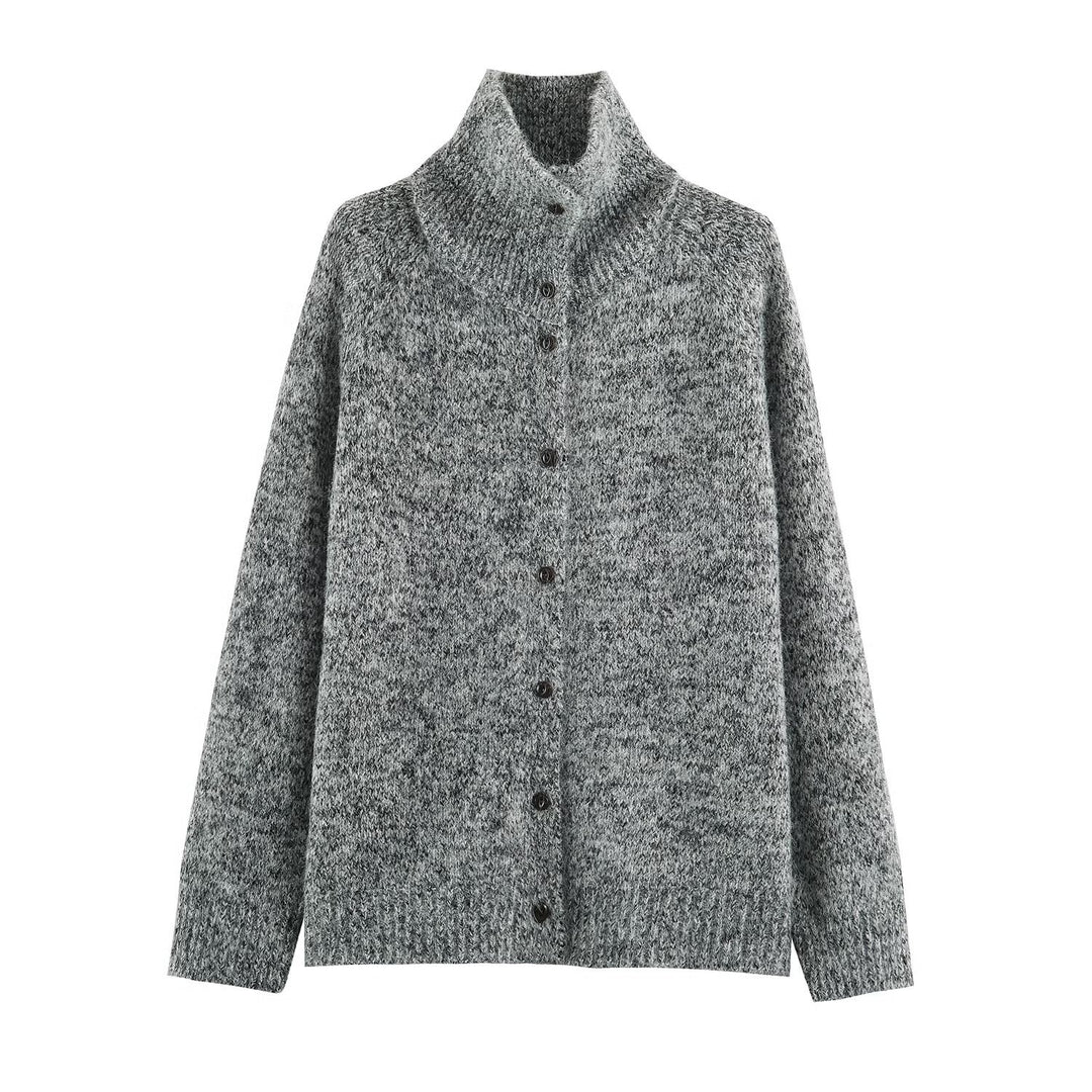 Damen Grobgestrickter Cardigan mit hohem Rollkragen und durchgehender Knopfleiste Nord Taschen
