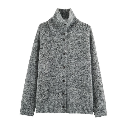 Damen Grobgestrickter Cardigan mit hohem Rollkragen und durchgehender Knopfleiste Nord Taschen