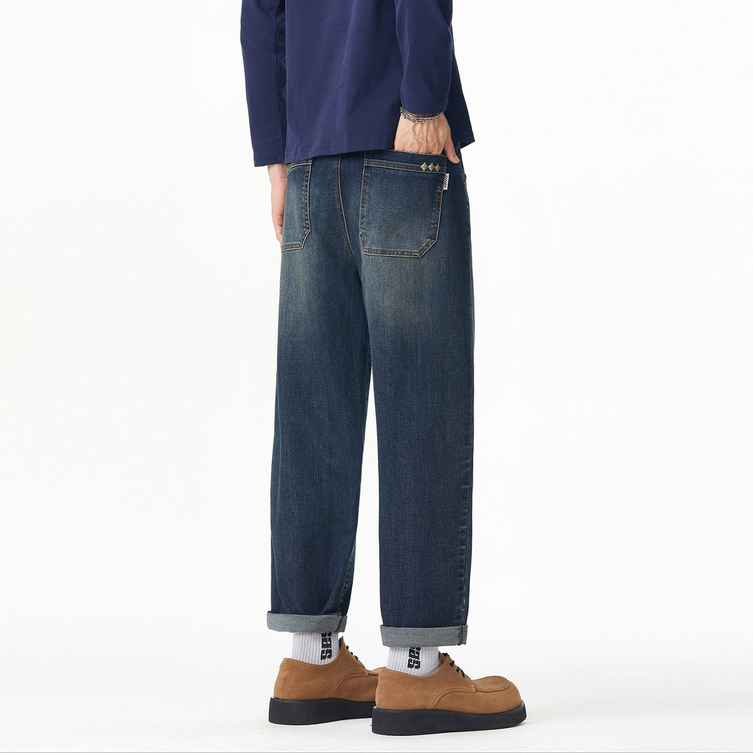 Herren Weite gerade geschnittene Denim-Jeans mit Used‑Wash und Umschlagbund Nord Taschen