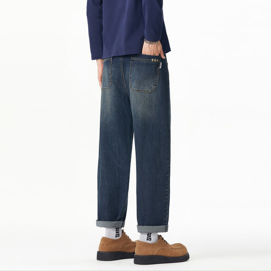 Herren Weite gerade geschnittene Denim-Jeans mit Used‑Wash und Umschlagbund Nord Taschen