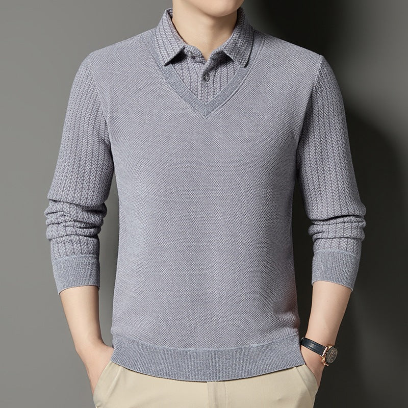 Herren Feinstrick-Pullover mit V-Ausschnitt und integriertem Polokragen Nord Taschen