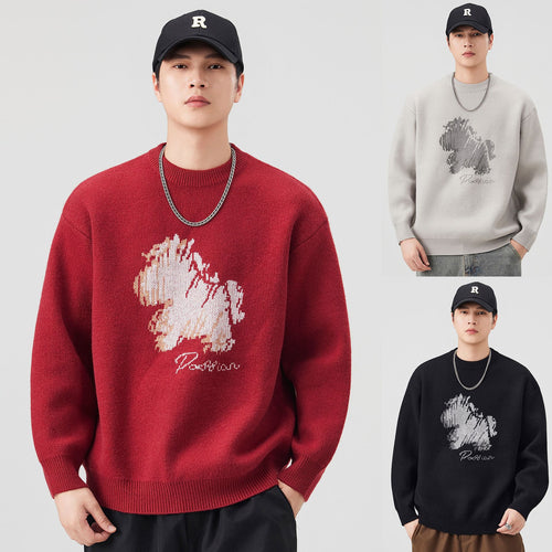 Herren Modischer Grobstrickpullover mit kreativer Tiermotiv-Applikation Nord Taschen