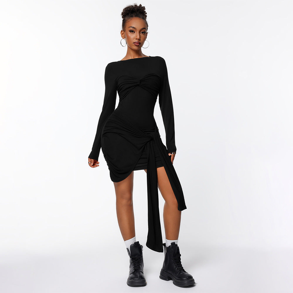 Damen figurbetontes Minikleid mit asymmetrischer Knotendrapierung, taillierter Raffung und langem Ärmelschal Nord Taschen