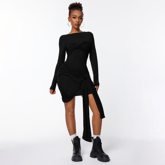 Damen figurbetontes Minikleid mit asymmetrischer Knotendrapierung, taillierter Raffung und langem Ärmelschal Nord Taschen