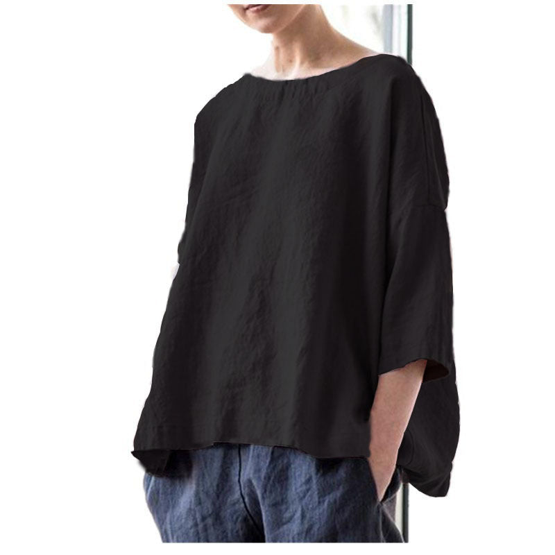 Damen Oversized Leinenbluse mit weitem Boxy‑Schnitt, U‑Boot‑Ausschnitt und 3/4‑Ärmeln Nord Taschen