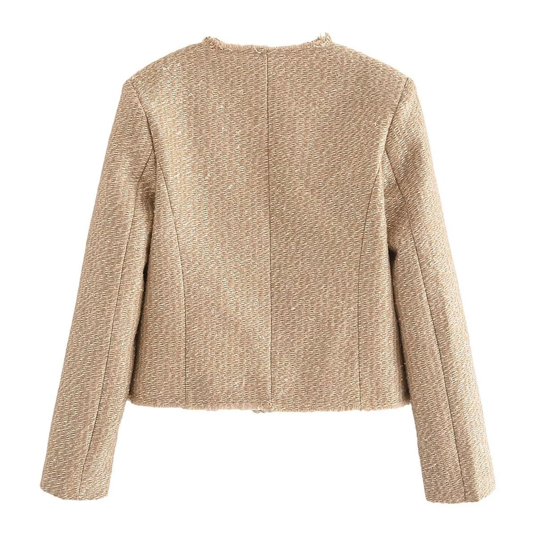 Damen Bouclé-Cropped-Jacke ohne Kragen mit Zierknöpfen und aufgesetzten Taschen Nord Taschen