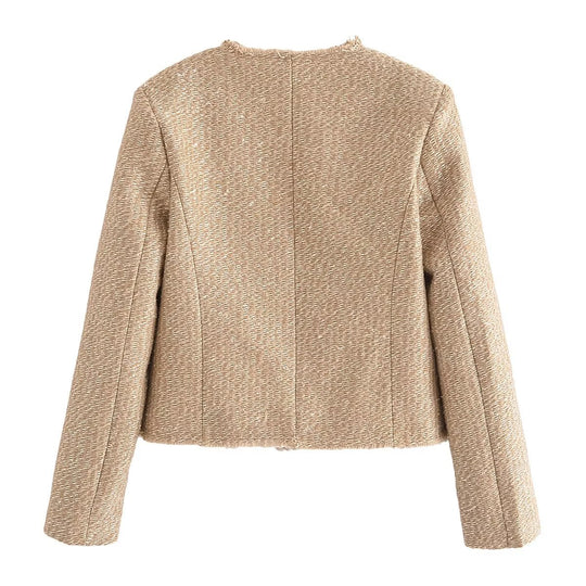 Damen Bouclé-Cropped-Jacke ohne Kragen mit Zierknöpfen und aufgesetzten Taschen Nord Taschen