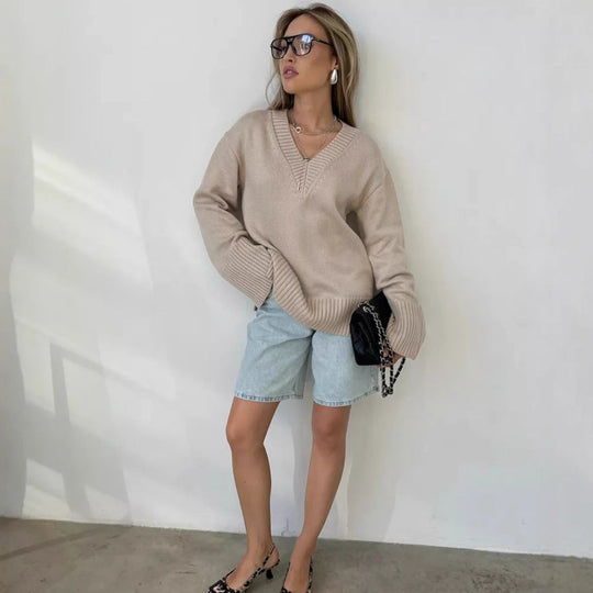 Damen V-Ausschnitt Pullover aus weichem Strick