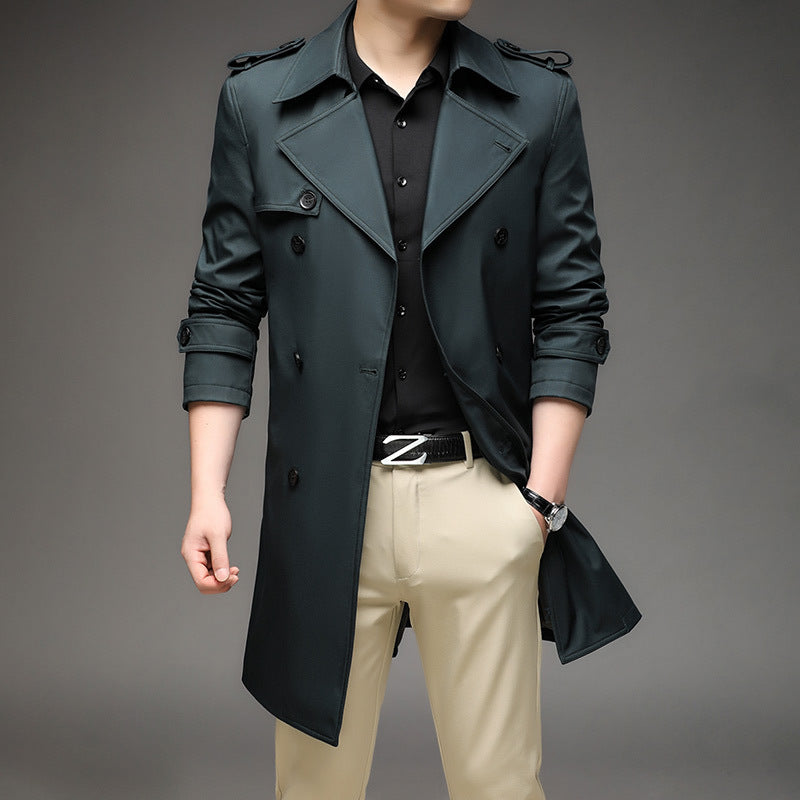 Herren Langer Slim-Fit Doppelreihiger Trenchcoat mit Epauletten und Taillengürtel Nord Taschen