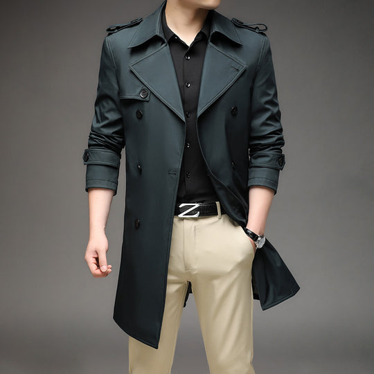 Herren Langer Slim-Fit Doppelreihiger Trenchcoat mit Epauletten und Taillengürtel Nord Taschen