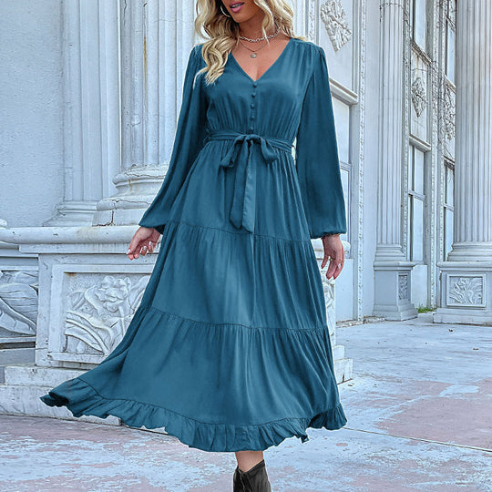 Damen Langes Satin‑Optik Stufenkleid mit V‑Ausschnitt, Bindegürtel und Volantsaum Nord Taschen