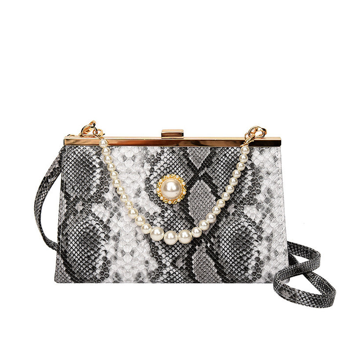 Damen elegante Abendtasche im Schlangenleder-Look mit Perlenakzent Nord Taschen