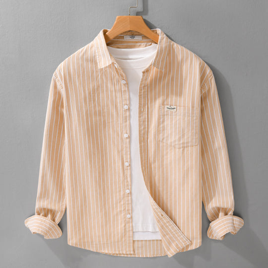 Herren Gestreiftes Layering-Overshirt aus softem Baumwollmix mit Kentkragen und aufgesetzter Brusttasche Nord Taschen