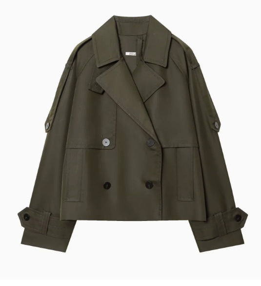 Damen 300+ kurzer doppeltreihiger Cropped‑Trenchcoat mit Epauletten und verstellbaren Manschetten Nord Taschen