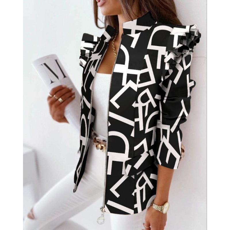 Damen Leoprint-Statement-Jacke mit Rüschen-Schulter und Reißverschluss Nord Taschen
