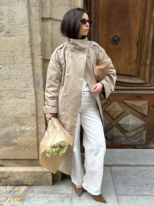 Damen Maxi-Trenchcoat mit hohem Stehkragen, doppelreihiger Knopfleiste & Taillengürtel Nord Taschen