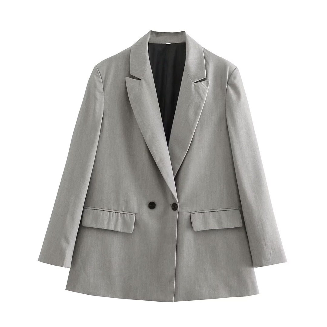 Damen Doppelreihiger Longblazer mit weitem Schalkragen und Pattentaschen Nord Taschen