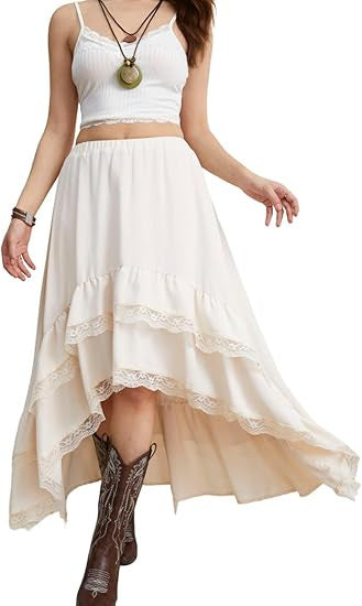 Damen Boho Maxi-Rock mit asymmetrischem Saum und Spitzenverzierungen