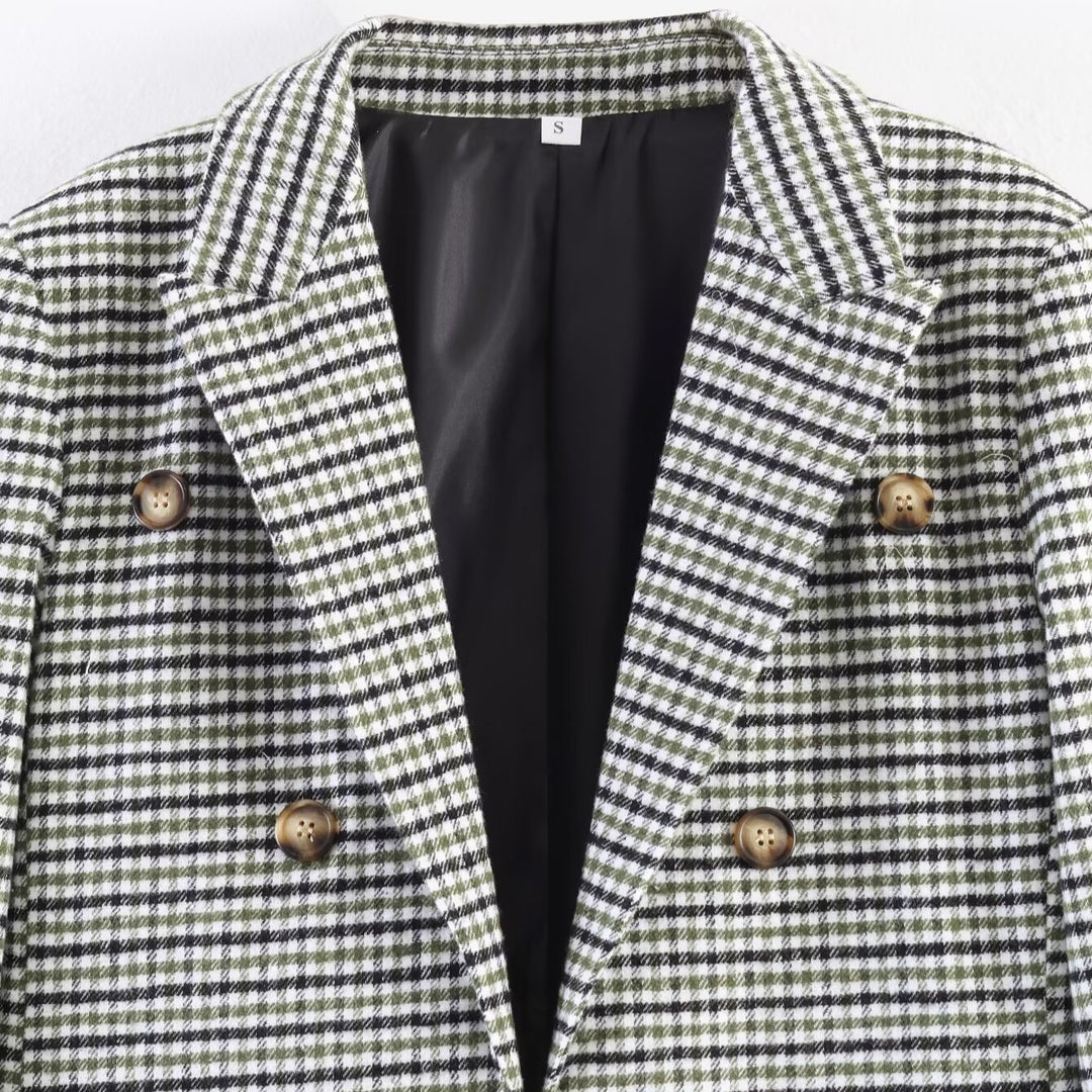 Damen Zweireihiger Hahnentritt-Blazer mit Schwalbenschwanz-Saum und Reverskragen Nord Taschen