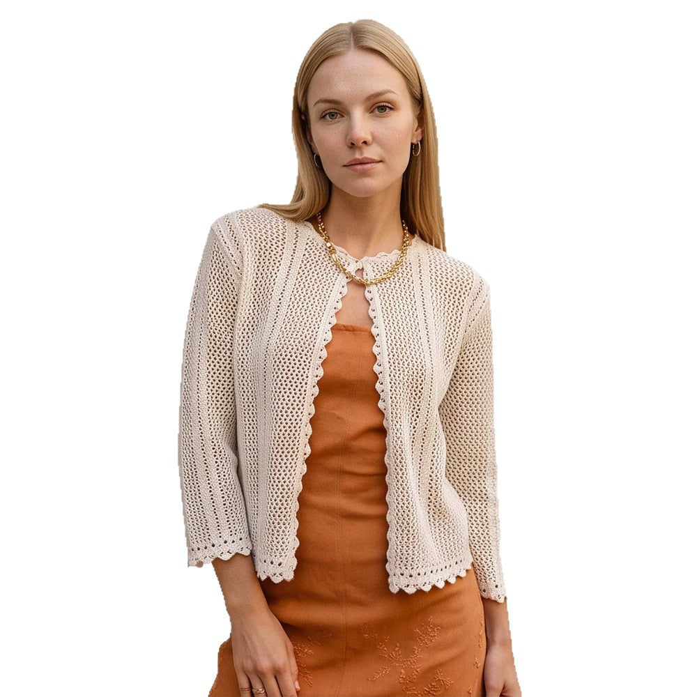 Damen gehäkelte Kurzjacke mit gewelltem Saum, offenem Vorderteil & 3/4-Ärmeln Nord Taschen