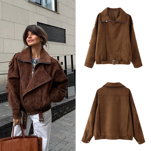 Damen Oversized Kunstwildleder‑Fliegerjacke mit Taillenriemen, Schulterpatten und Stehkragen Nord Taschen