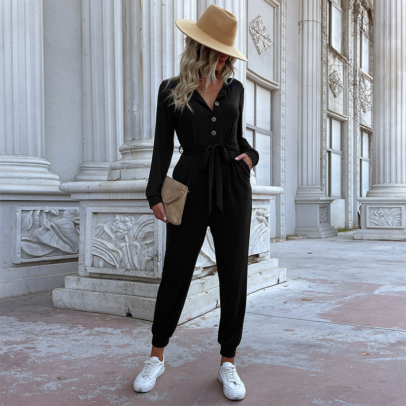Damen Lässiger Einteiler-Jumpsuit mit Knopfleiste, Bindegürtel und Rippbündchen Nord Taschen