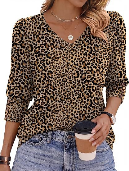 Damen Leopardenmuster V‑Neck Bluse mit 3/4-Ärmeln und geraffter Vorderpartie Nord Taschen