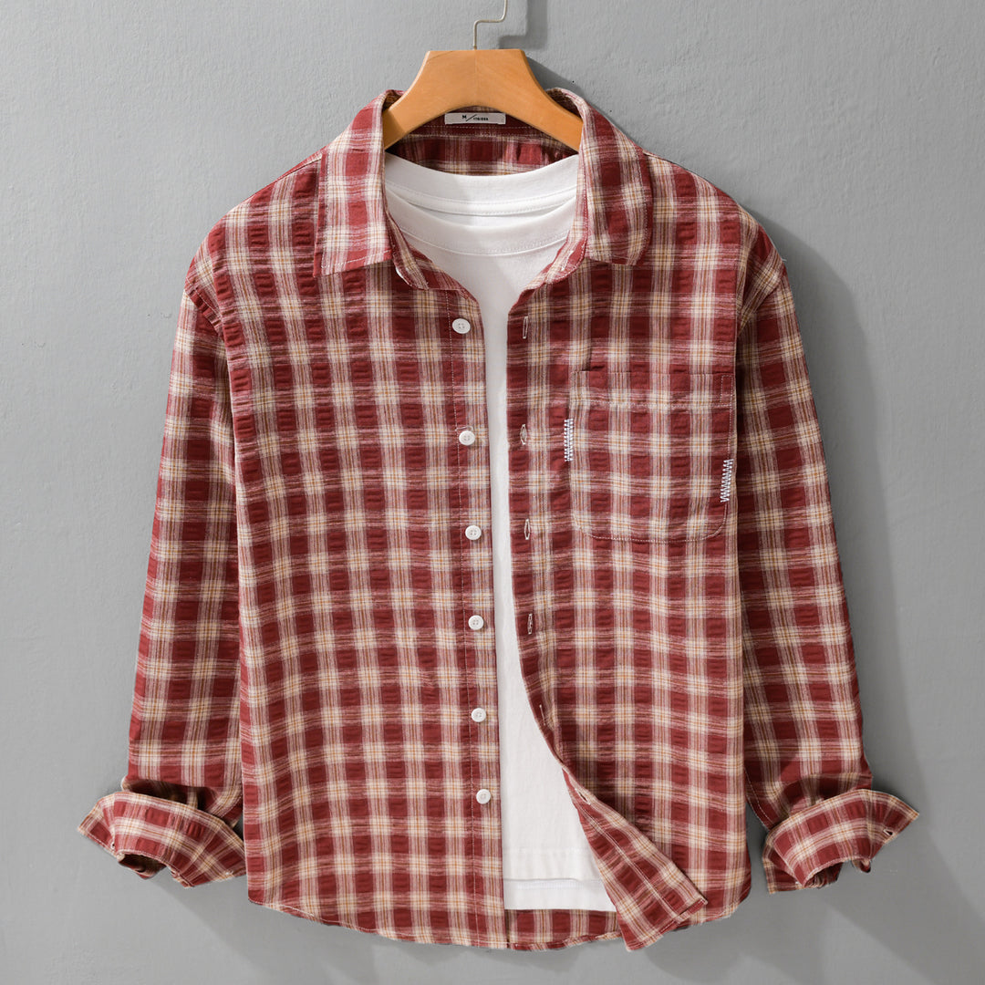 Herren Leichtes kariertes Baumwoll-Overshirt mit Soft-Crinkle‑Struktur, Brusttasche und Relaxed‑Fit Nord Taschen