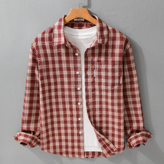 Herren Leichtes kariertes Baumwoll-Overshirt mit Soft-Crinkle‑Struktur, Brusttasche und Relaxed‑Fit Nord Taschen