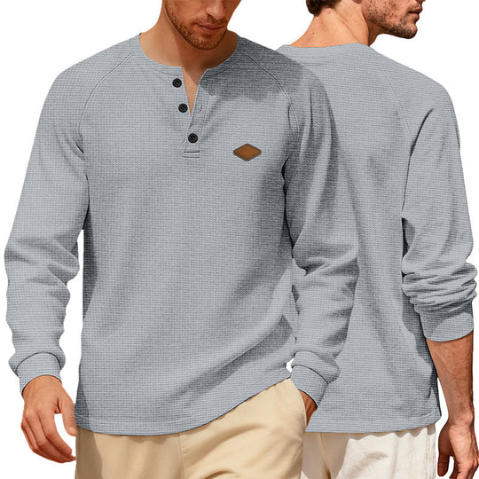 Herren nan Waffelstrick-Henley Langarmshirt mit Raglanärmeln, Halbknopfleiste und Lederlabel Nord Taschen