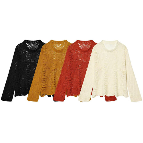 Damen Lochstrick-Pullover mit Zopfmuster und geschwungenem Saum Nord Taschen