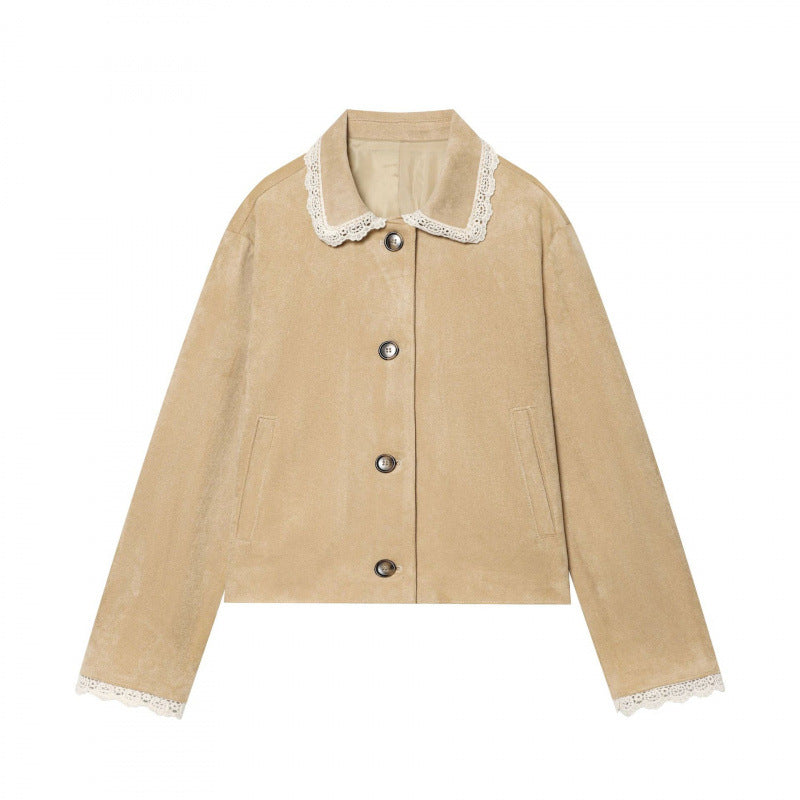 Damen Cropped-Veloursjacke mit Spitzkragen und Spitzenmanschetten Nord Taschen