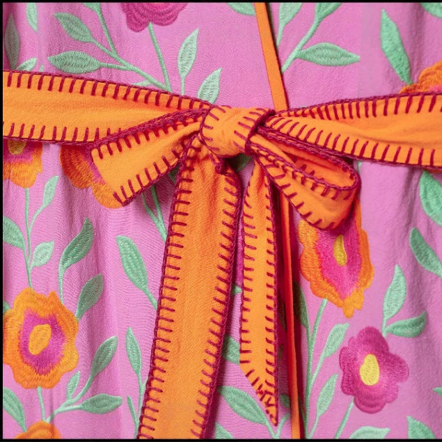 Damen Bestickte Kimonojacke mit Blumenstickerei, Bindegürtel und kontrastierendem Besatz Nord Taschen