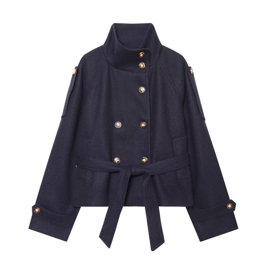 Damen Kurzcape aus Wollmix mit hohem Stehkragen, Doppelreihe und Bindegürtel Nord Taschen