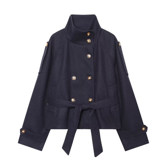 Damen Kurzcape aus Wollmix mit hohem Stehkragen, Doppelreihe und Bindegürtel Nord Taschen