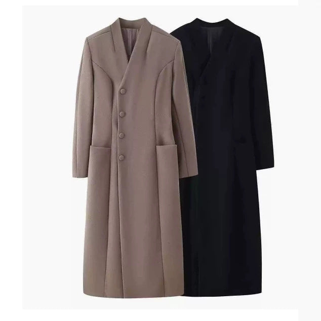 Damen 100+ langer taillierter Mantel mit Stehkragen, verdeckter Knopfleiste und aufgesetzten Taschen Nord Taschen