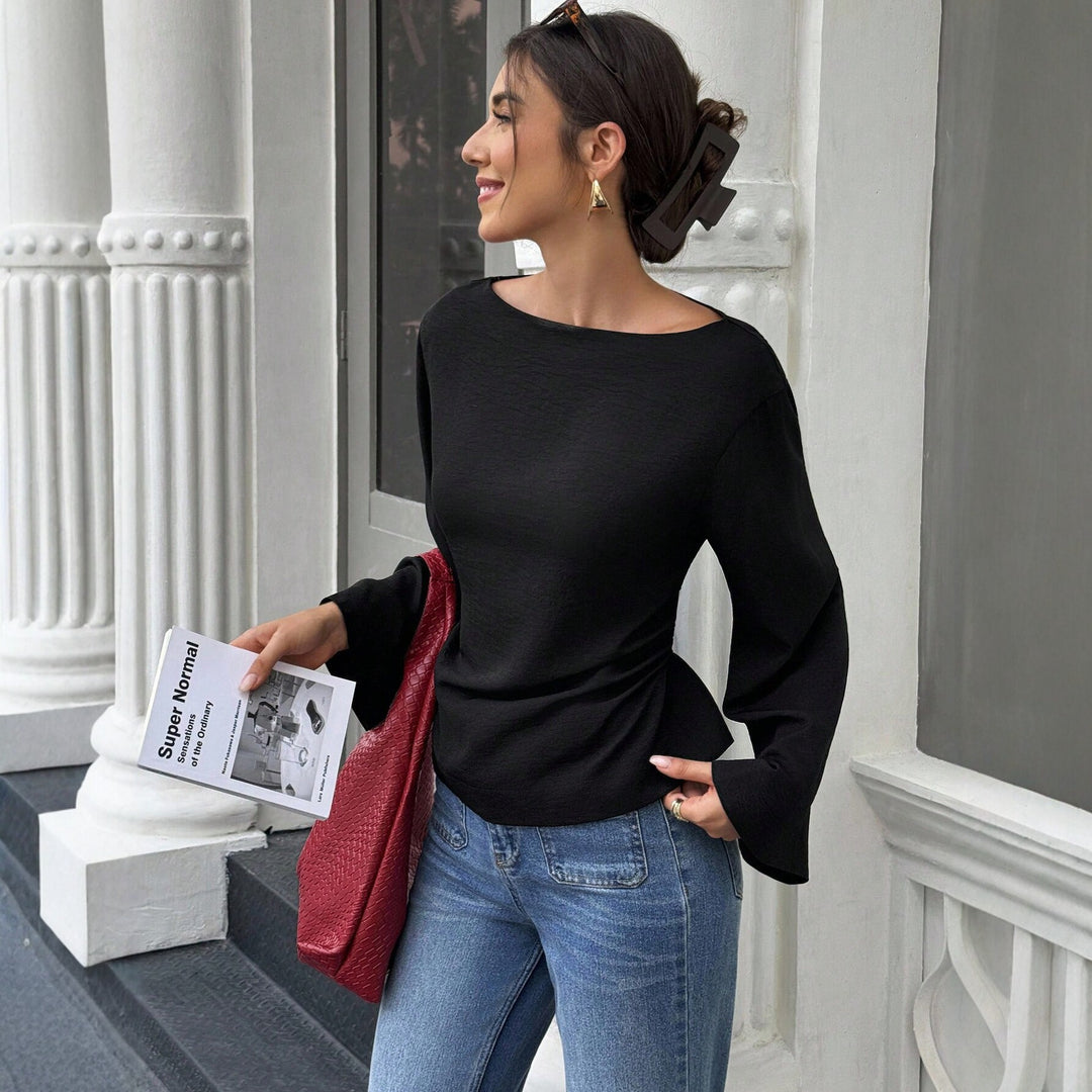 Damen Bootneck-Langarmshirt mit weitem Manschettenärmel und figurbetonter Seitennaht Nord Taschen