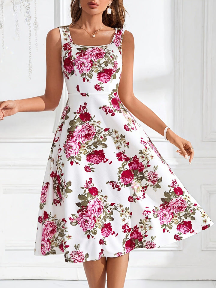 Damen Fließendes Blumenkleid mit weitem Rock und eleganter Taillierung
