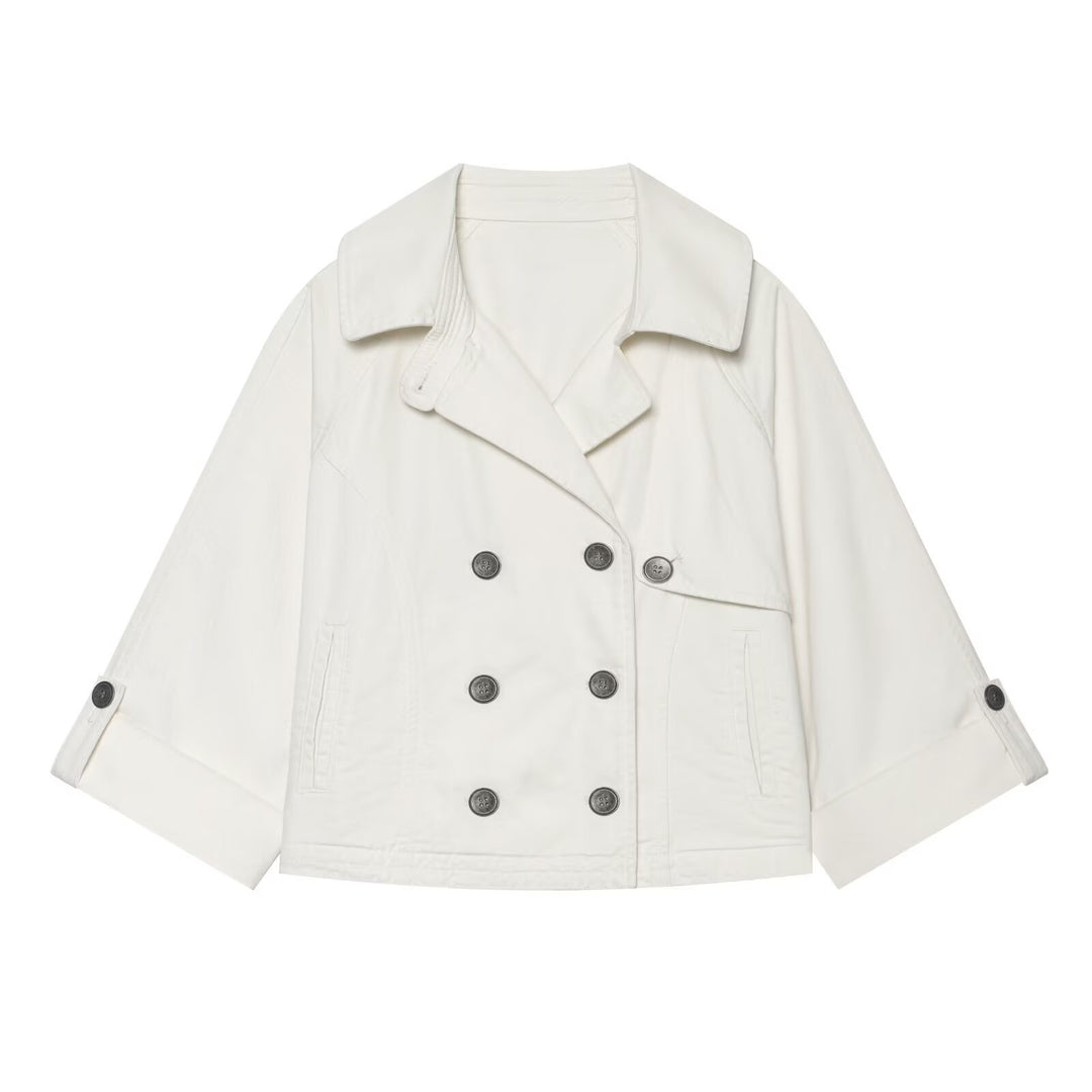 Damen Kurzes Doppelreihiges Trench‑Cape mit weitem Kragen und dreiviertel Ärmeln Nord Taschen